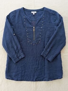 JM Collection Navy Linen And Cotton V-Neck Zip Beaded Top Summer Breathable